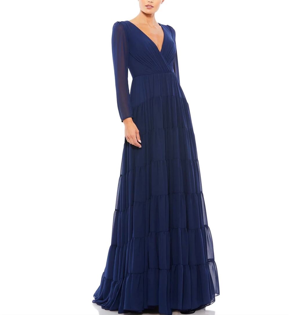 Mac Duggal 55311 Blue Evening Gown Chiffon Long Sleeve Ruffle Skirt Dress Size 8